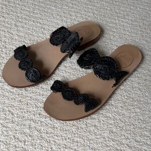 Jack Rogers Black Leather Scalloped Circle Slide Sandals